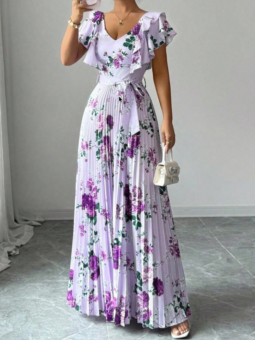 Boho Floral Print V neck Ruffle Detail Pleated Maxi Dress
